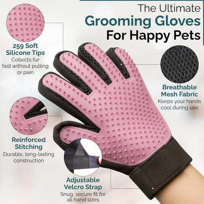 Pet Grooming Gloves for Dogs & Cats – Premium 259-Tip Deshedding & Massage Mitts, Easy-Peel Hair Removal, Adjustable Strap, 1 Pair (Blue/Pink) (Pink)