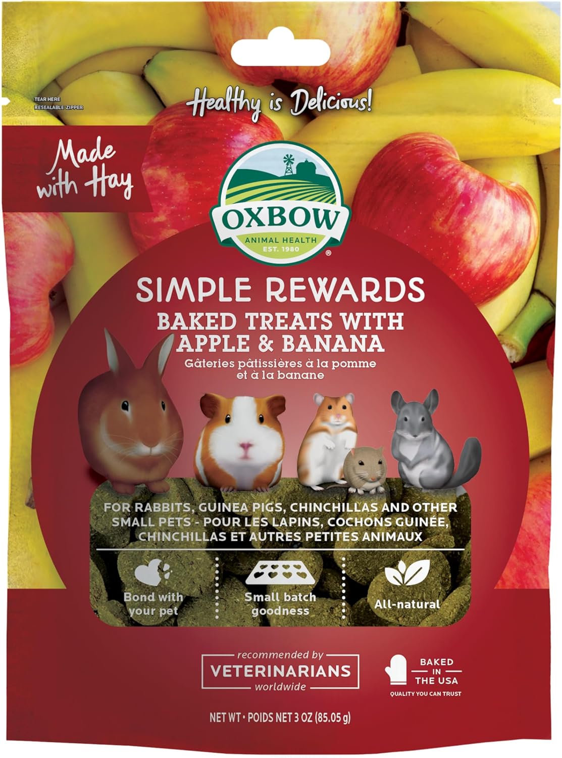 Oxbow Simple Rewards Apple Banana Treats, Timothy Hay Guinea Pig & Bunny Treats, Pet Snack, Made with Oxbow Guinea Pig Hay, Made in USA, Timothy for Rabbit, 3 oz Bag