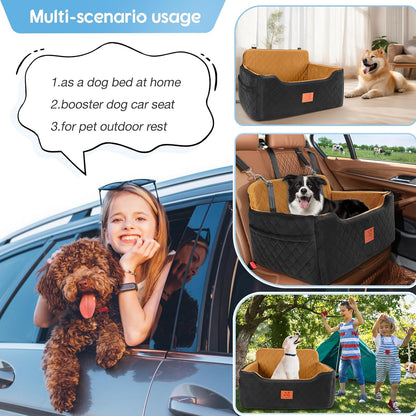 Dog Car Seat for Medium/Large Dogs,Pet Booster Car Seats for Under 50lbs or 2 Small Dogs, Detachable and Washable Pet Bed,Multi-Functional Travel Dog Bed(Black/Brown)