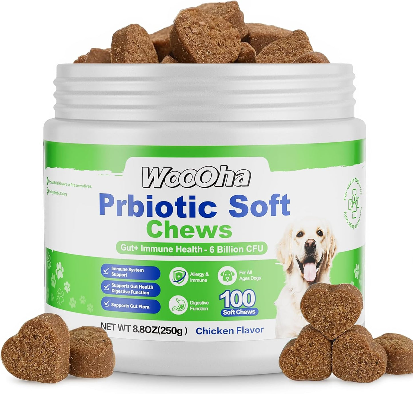 Probiotics for Dogs, Dog Probiotics for Gut Health, Digestive Support, Itchy Skin, Gas & Diarrhea Relief, Dog Probiotic with 6 Billion CFU Prebiotics & Digestive Enzymes, 100 Chews, Chicken Flavor