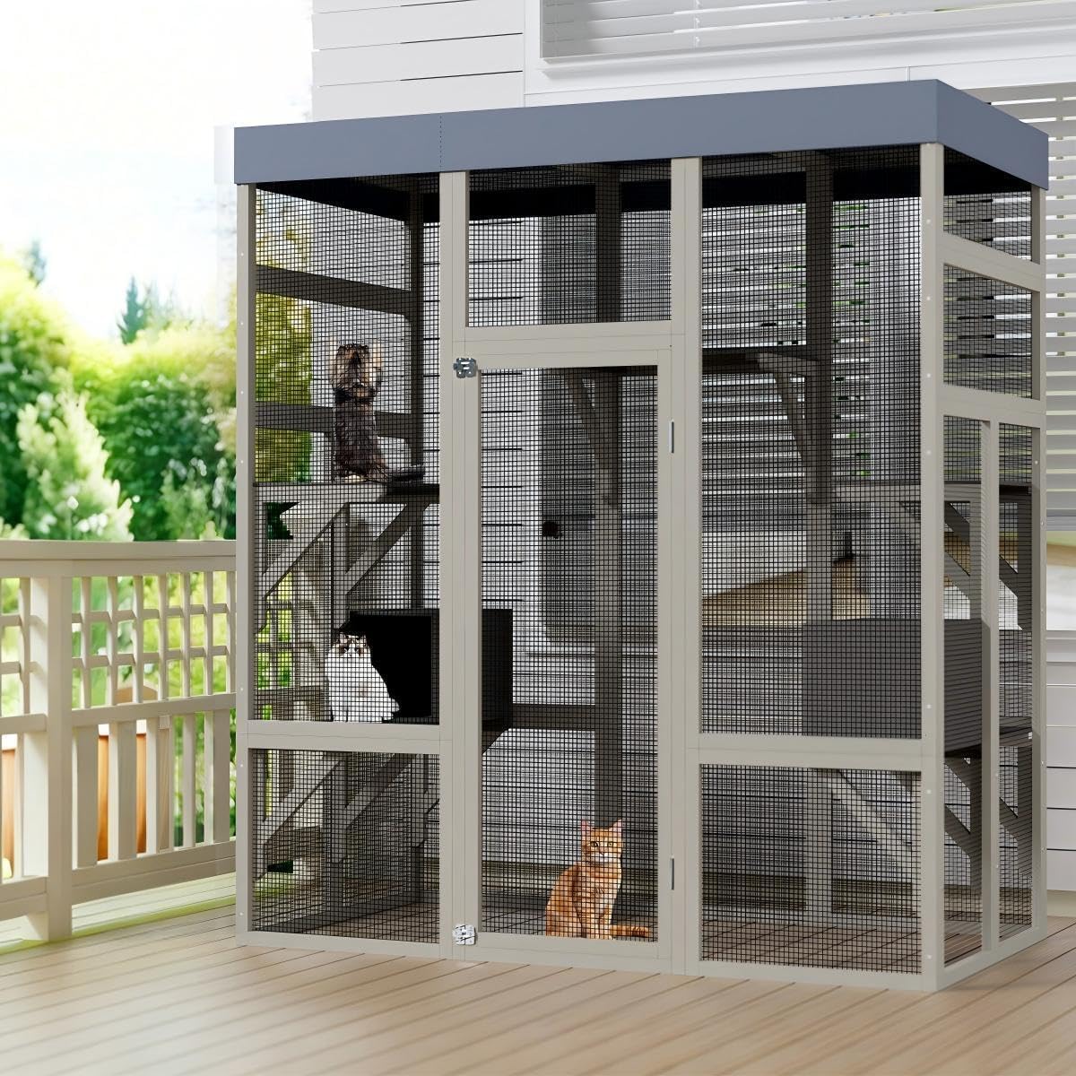 70" Large Outdoor Catio Cat Enclosure, Wood Cat Patio with Waterproof UV-Resistant Roof, Cats Shelter with 5 Platforms and 2 Resting Box, and Secure Rust-Proof Wire for Backyard or Patio