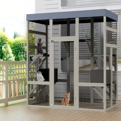 70" Large Outdoor Catio Cat Enclosure, Wood Cat Patio with Waterproof UV-Resistant Roof, Cats Shelter with 5 Platforms and 2 Resting Box, and Secure Rust-Proof Wire for Backyard or Patio