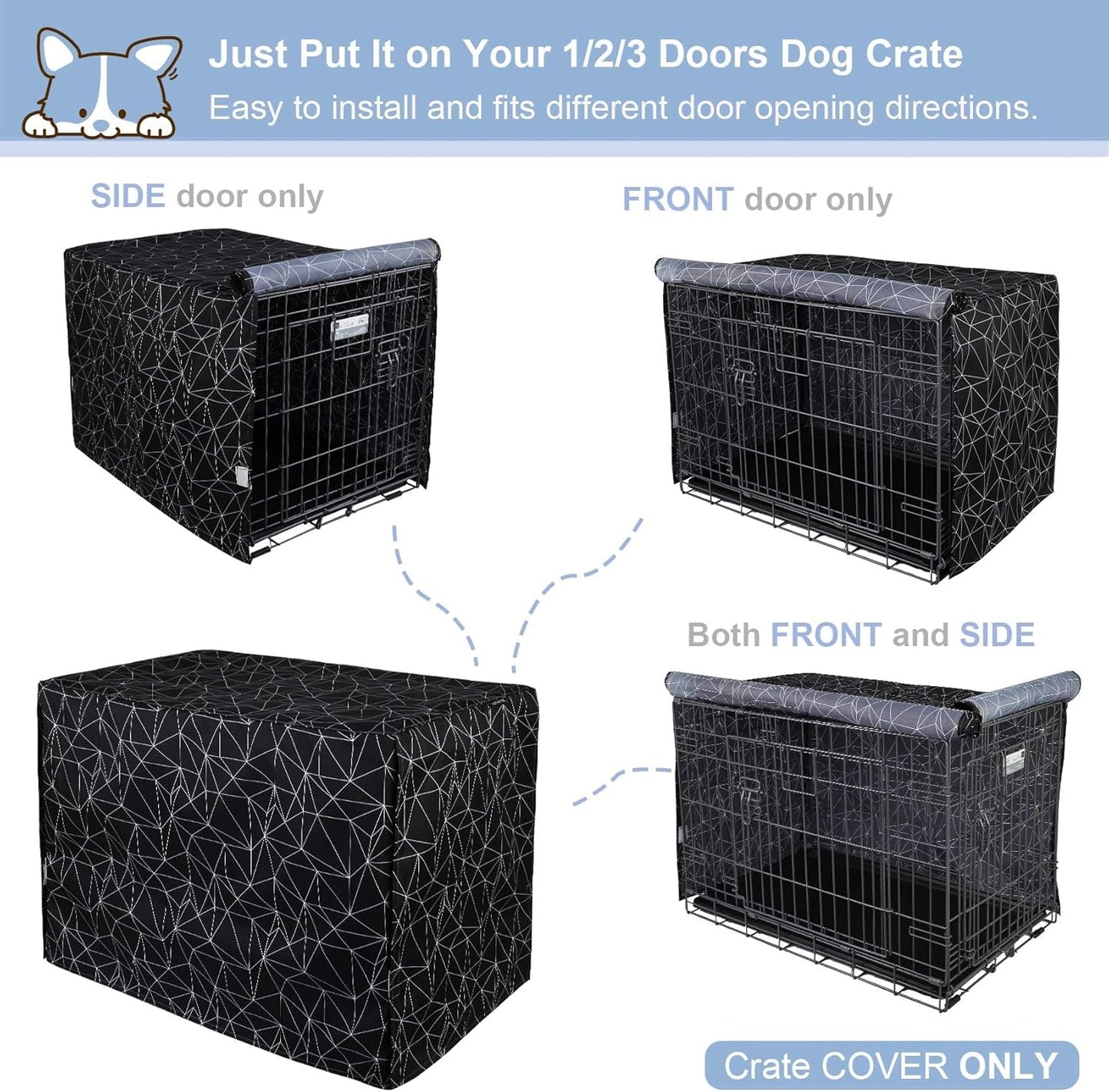 Explore Land Pattern Dog Crate Cover for 24 Inches Wire Cage, Heavy-Duty Polyester 1 2 3 Doors Standard Metal Pet Kennel Enclosure (Brief Polygonal)