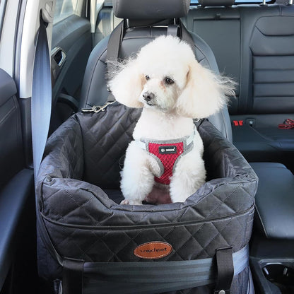 Dog Car Seat with Loops Dog Booster Seat for All Seasons, Anti Slip Bottom Pet Travel Bed with Thick Pets Sofa Cushion and Storage Pockets for Small Pets（Black）