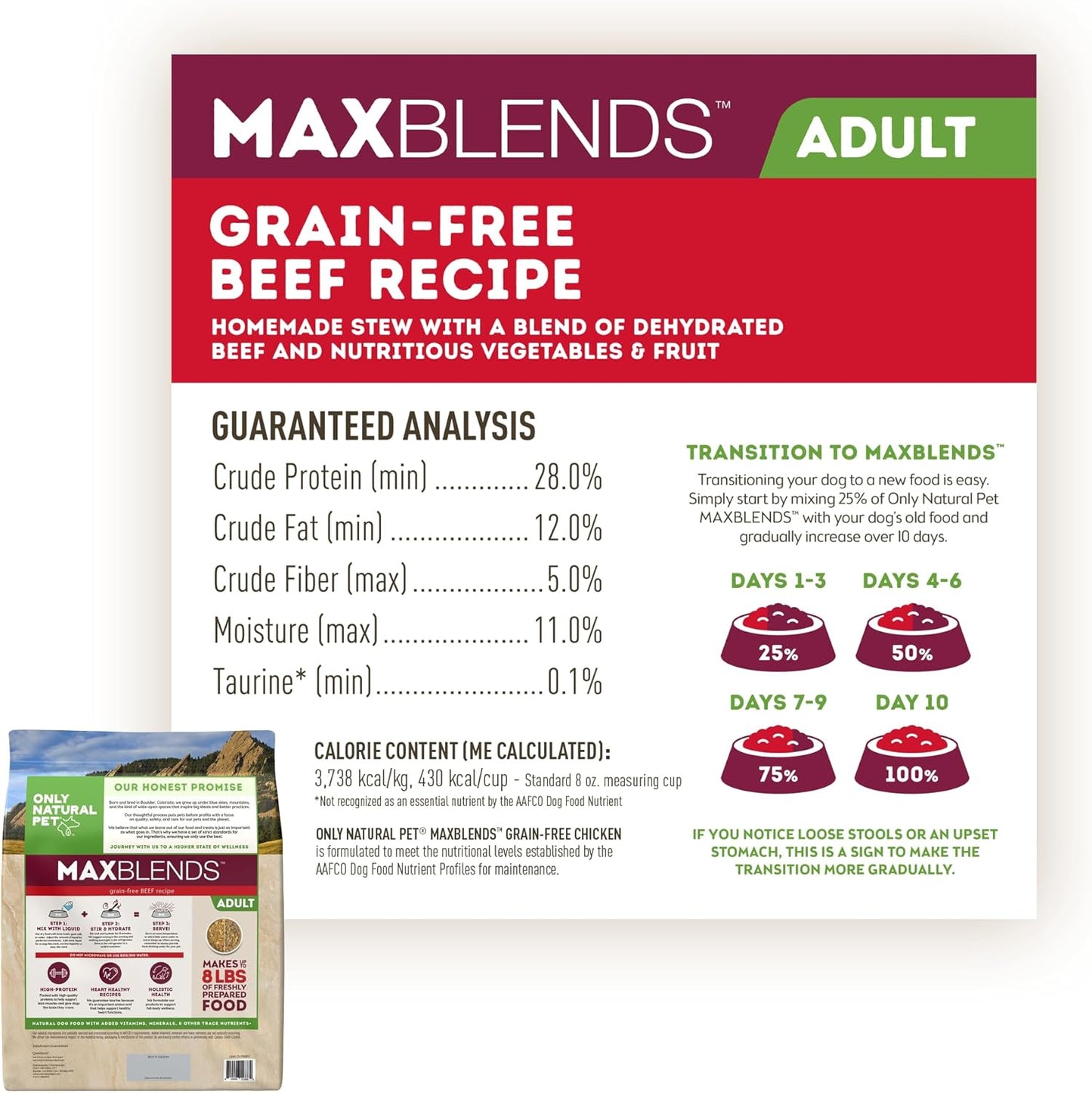 Only Natural Pet MaxBlends Grain Free Beef Recipe Dehydrated Dog Food Formula - High Protein Homemade Stew, Nutrient-Dense Meal for Canine Health - Beef RecipeFlavor - 2 lb Bag (Makes 8 lbs)