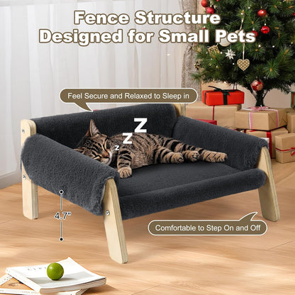 Elevated Cat Couch Bed for Indoor Cats - Wooden Pet Sofa with Removable Washable Thick Cover Raised Kitty Lounge Chair Suitable for Puppy or Small Animals(Cat Sofa Dark-Grey)