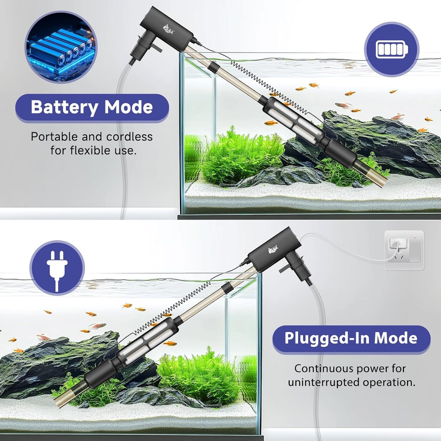 AQQA Electric Aquarium Vacuum Gravel Cleaner - 8W/213GPH Rechargeable Fish Tank Cleaning Tools Automatic Water Changer Pump with Debris Clean & Sand Washing, 4-Speed Adjustable Powerful Suction