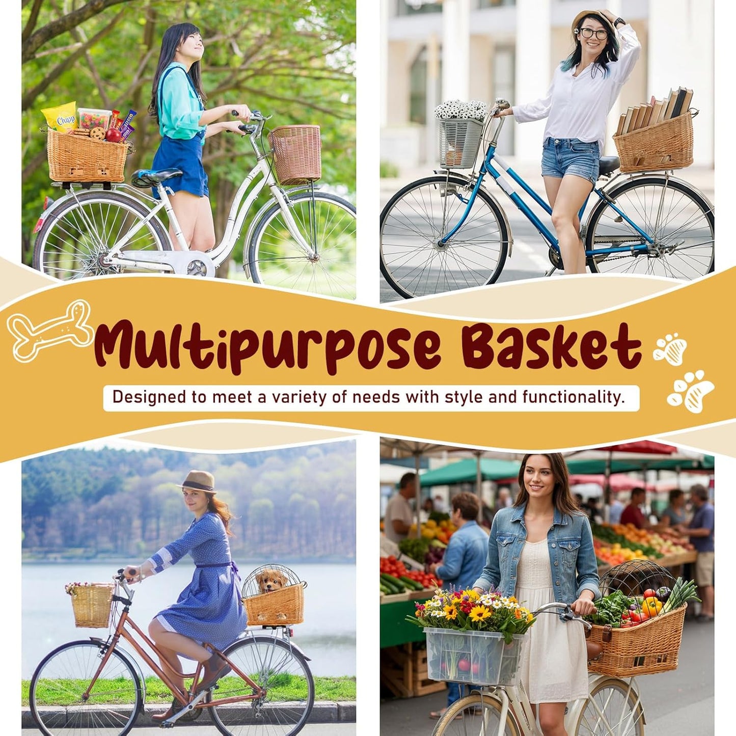 Wicker Dog Bike Basket, Rattan Pet Carrier for Small Dogs Cats with Protective Grille, Includes Ice Pad and Soft Cotton Cushion, for Secure Bicycle Rear Luggage Rack