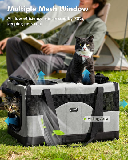 Pecute Cat Carrier for 2 Cats,Dual Cabin Multi Cat Travel Carrier with Removable Divider and Sturdy Frame,Collapsible,Soft,can Hold 20lbs+ for 2 Small Kitten,Medium Dog,Extra Large for Travel,Gray