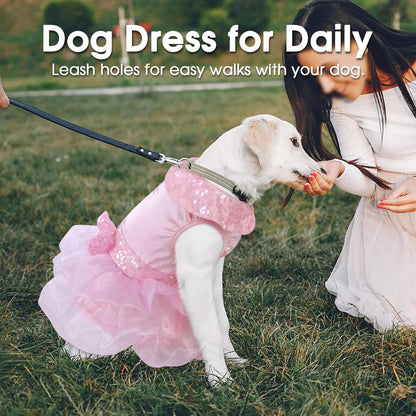 ASENKU Dog Dress, Dog Wedding Dress Skirt with Detachable Hemline, Princess Lace Puppy Christmas Birthday Party Outfit Formal Costume with Sequins Bow for Medium Large Dogs (Pink, Large)