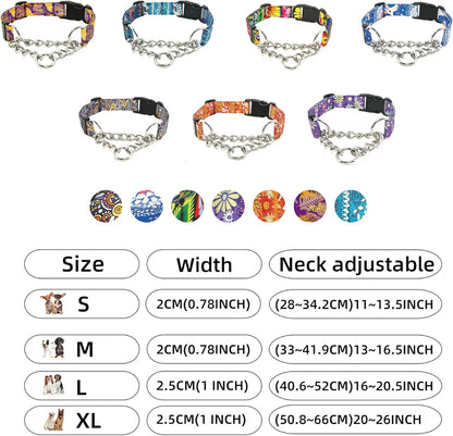 Martingale Dog Collar with Chain Stainless Steel, Nylon Dog Collar Flowers Pattern, Adjustable Training Walking Collar with Quick Release Buckle, Slip Chain Collar for Puppy Medium Large Dogs