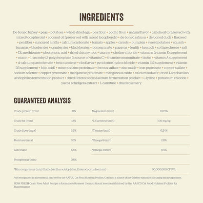 Now Fresh Grain-Free Dry Cat Food with Turkey, Salmon & Duck, Healthy Kibble for Adults Made with Real Meat & Fish, Chicken-Free, with Pumpkin & Probiotics for Sensitive Stomachs, 3 lb Bag