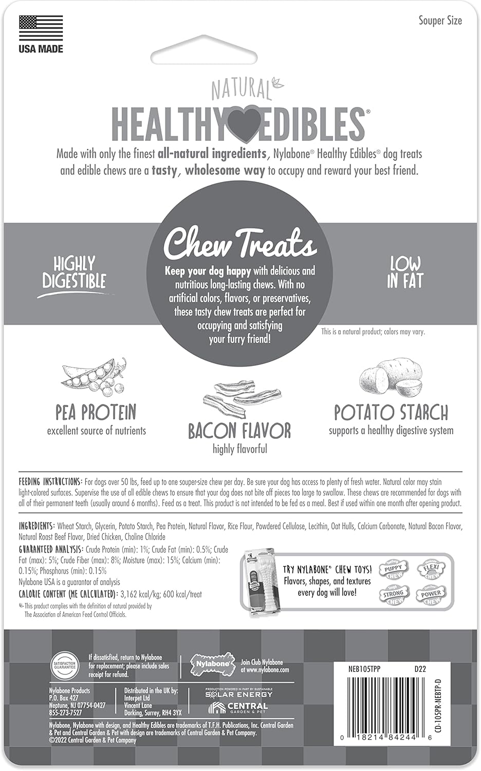 Nylabone Healthy Edibles Natural Dog Chews Long Lasting Bacon Flavor Treats for Dogs, X-Large/Souper (2 Count)