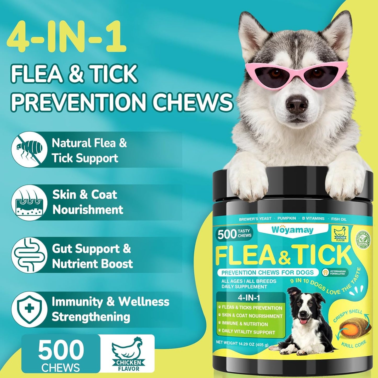 4-IN-1 Flea and Tick Prevention for Dogs, 500 Crunchy Dog Flea Chews, Dog Flea Treatment, Natural Oral Flea Treatment for Dogs, Daily Support for Flea, Skin & Coat, Gut, Immune, Chicken Flavor