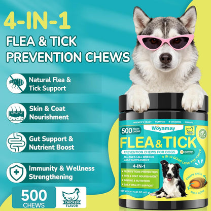 4-IN-1 Flea and Tick Prevention for Dogs, 500 Crunchy Dog Flea Chews, Dog Flea Treatment, Natural Oral Flea Treatment for Dogs, Daily Support for Flea, Skin & Coat, Gut, Immune, Chicken Flavor