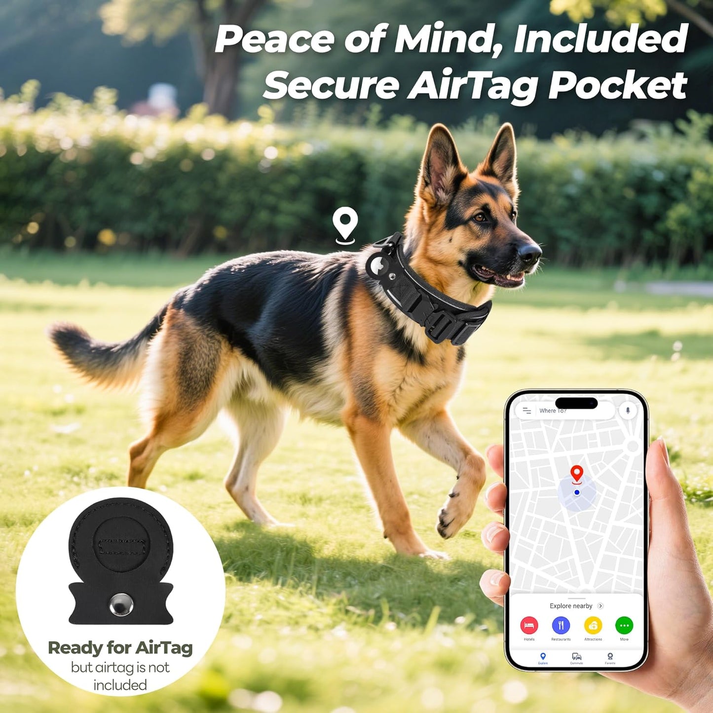 Tactical Dog Collar with Airtag Pocket, Adjustable Military Training Nylon Dog Collar, Reflective Collar with Control Handle and Heavy Duty Metal Buckle for Medium Large Dog(Black,L)