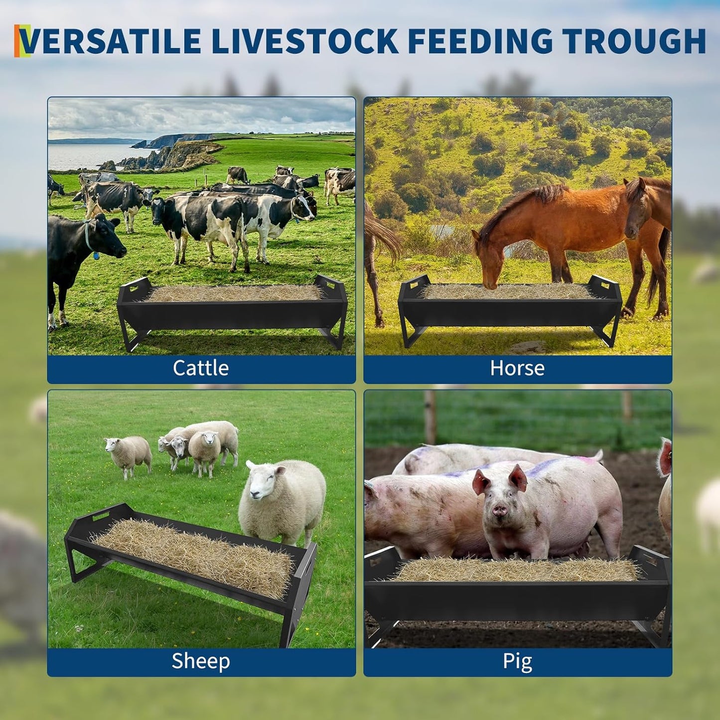 Heavy Duty 45" Steel Livestock Feeding Trough - 22 Gallon Large Capacity Feeder for Horses, Goats, Sheep, Cattle, Cows, Alpacas - Durable Hay & Water Trough for Barn or Stable Use - Black