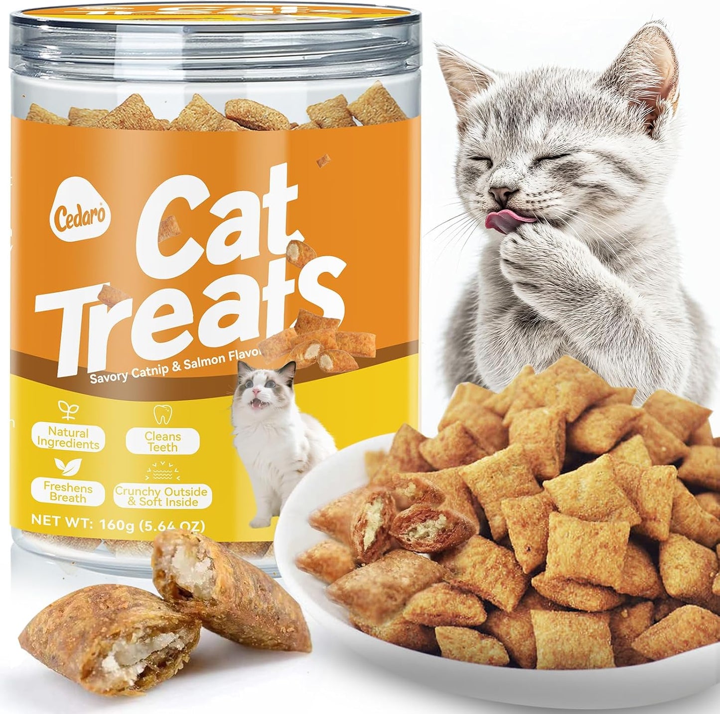 Natural Crunchy & Soft Cat Treats for Indoor Cats - Catnip & Salmon Flavor, Cat Snacks with Real Salmon, Dental Care & Digestive Support, Healthy Training Treats for Cats & Kittens