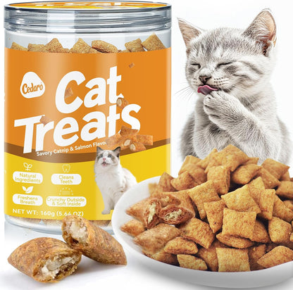 Natural Crunchy & Soft Cat Treats for Indoor Cats - Catnip & Salmon Flavor, Cat Snacks with Real Salmon, Dental Care & Digestive Support, Healthy Training Treats for Cats & Kittens