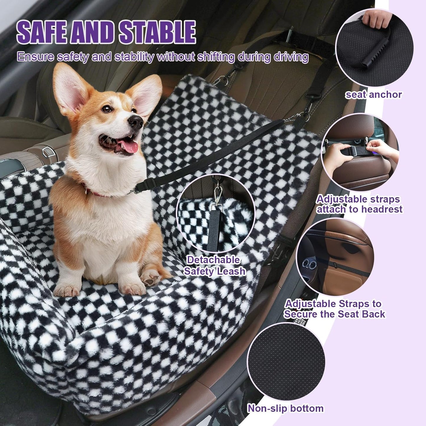 Dog Car Seat for Small Dogs,Medium Dog Car Bed with Detachable Washable Cover,Pet Puppy Booster Cars Seats with Safety Belt Up to 30 lbs(Grid Black)