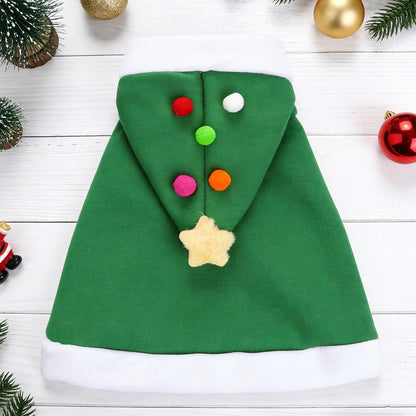 1Pc Cat Christmas Cape with Star and Pompoms Hat Festive Pets Christmas Costume Green Soft Cloak for Small Breed Dogs Holiday Party Outfit Pet Attire M Size
