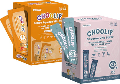 Choolip Bundle | 20pc Jumbo Squeeze Vita Sticks with Essential multivitamins + 49 Eye Support Squeeze Vita Sticks with Essential multivitamins [Both Products are for Cats & Dogs of All Life Stages]