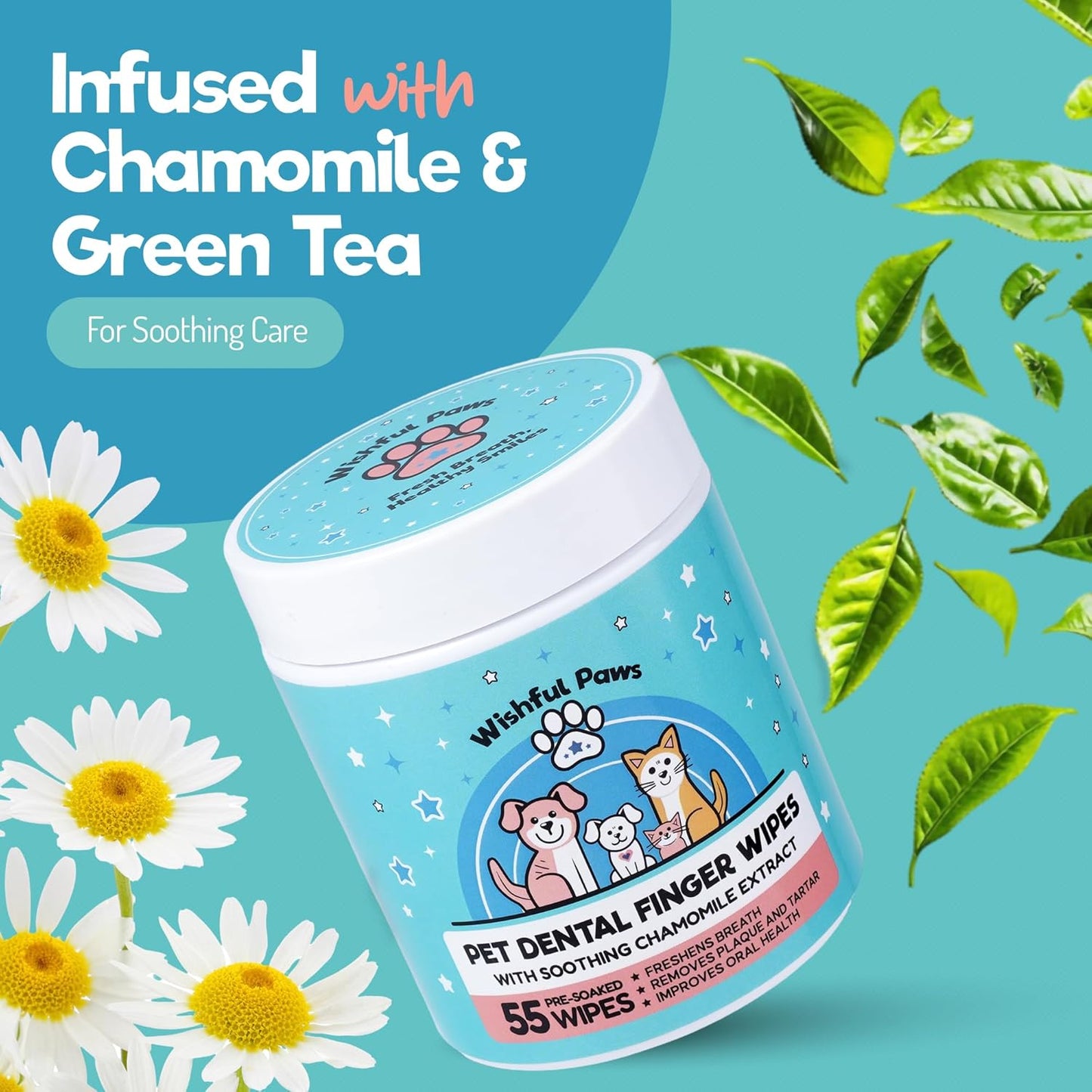 Dog Teeth Cleaning Wipes - Dog Tooth Brushing Kit - Dog Toothbrush Finger Wipes - Removes Plaque & Tartar, Dog Breath Freshener - No-Rinse Pet Dental Care for Dogs & Cats - Easy Use - 55 Count