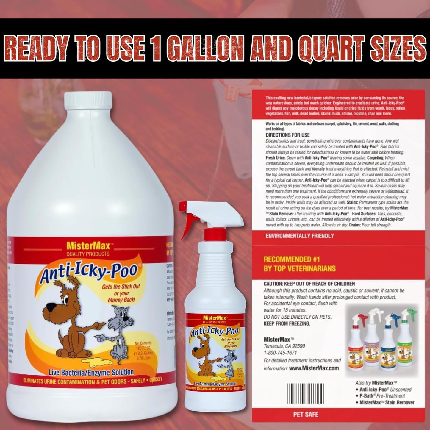 Mister Max Anti Icky Poo Pet Urine Enzyme Cleaner & Feces Odor Remover, Enzymatic Cleaner for Dog & Cat Urine, Pet Odor Remover Spray, 1 Gallon & Quart Size Original Scent