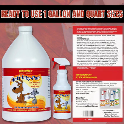 Mister Max Anti Icky Poo Pet Urine Enzyme Cleaner & Feces Odor Remover, Enzymatic Cleaner for Dog & Cat Urine, Pet Odor Remover Spray, 1 Gallon & Quart Size Original Scent