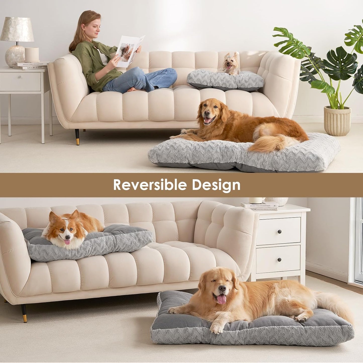 EHEYCIGA Washable Dog Crate Bed for Large Dogs, Fluffy Pet Kennel Pad Reversible for Doggie and Cats, Plush Faux Fur Pet Sleeping Mattress Mat, 35" x 23"x 3.5", Grey