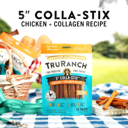 TRURANCH Collagen Sticks - 5" Collagen Sticks for Dogs - Long Lasting Healthy Joint Support Dog Treat - Rawhide Alternative - Skin & Coat Health - Made with Real Chicken, 1 Bag, 15 Count