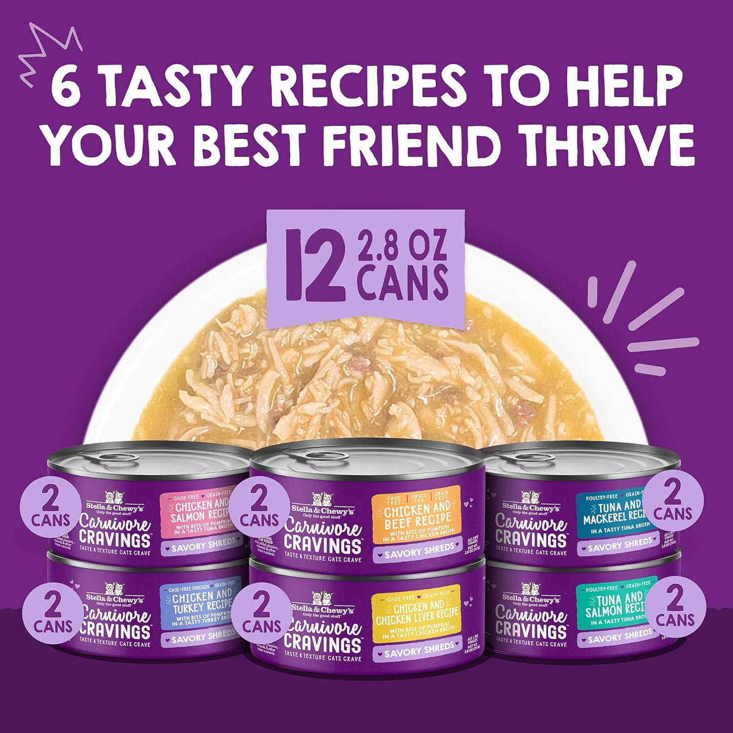 Stella & Chewy’s Carnivore Cravings Savory Shreds Canned Wet Cat Food Variety Pack – (2.8 Ounce Cans, Case of 12)