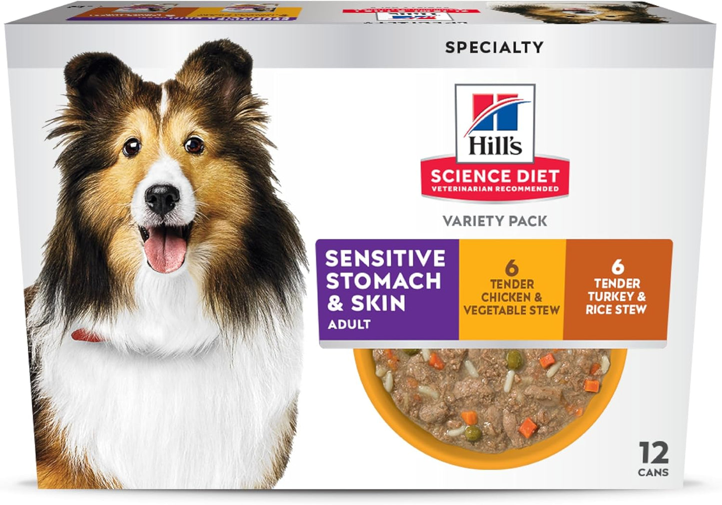 Hill's Science Diet Sensitive Stomach & Skin, Adult 1-6, Stomach & Skin Sensitivity Support, Wet Dog Food, Variety Pack: Chicken, Turkey Stew, 12.5 oz Can, Case of 12