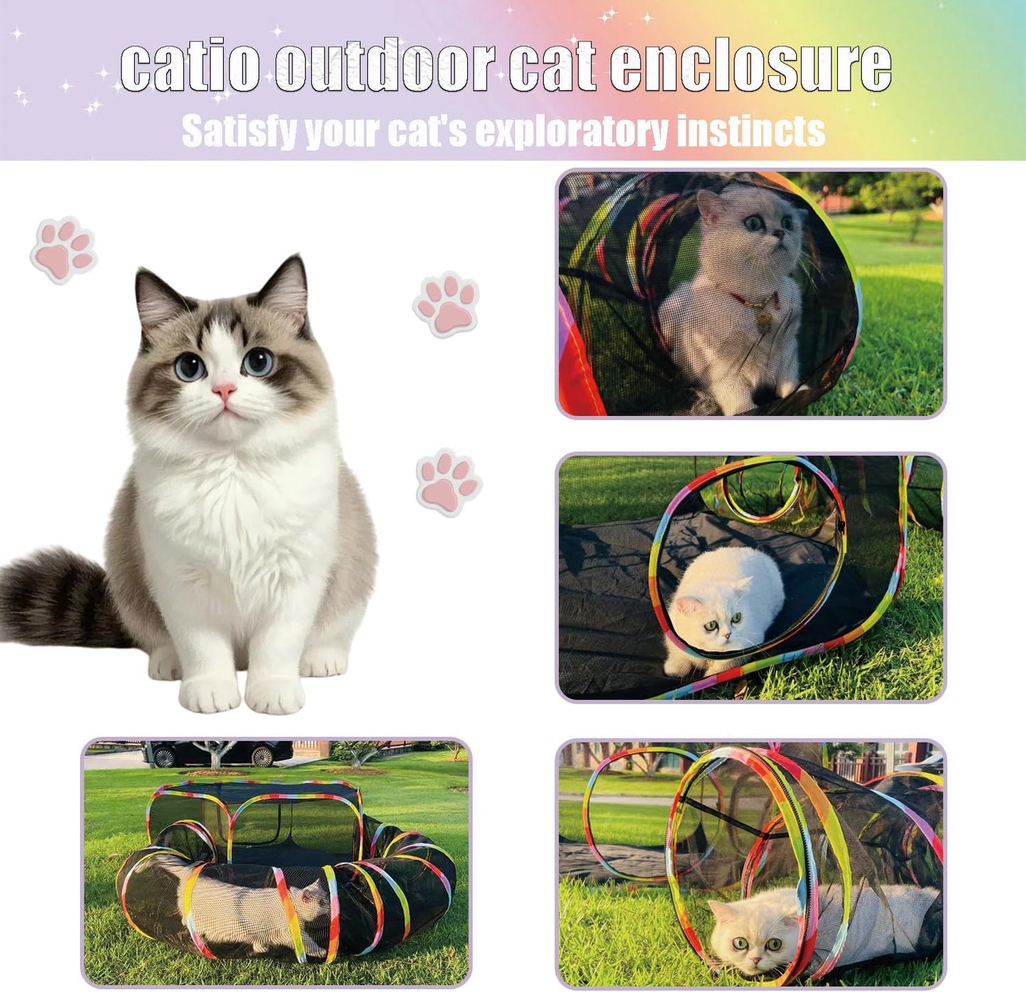 Catio Outdoor Cat Enclosure, Portable Cat Tunnel Playground with Rainbow Tent, Circle Cat Playpen Tunnel for Kitty and Small Family Pet Indoor & Outside Play