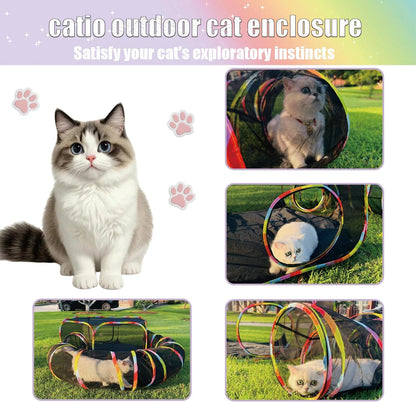 Catio Outdoor Cat Enclosure, Portable Cat Tunnel Playground with Rainbow Tent, Circle Cat Playpen Tunnel for Kitty and Small Family Pet Indoor & Outside Play