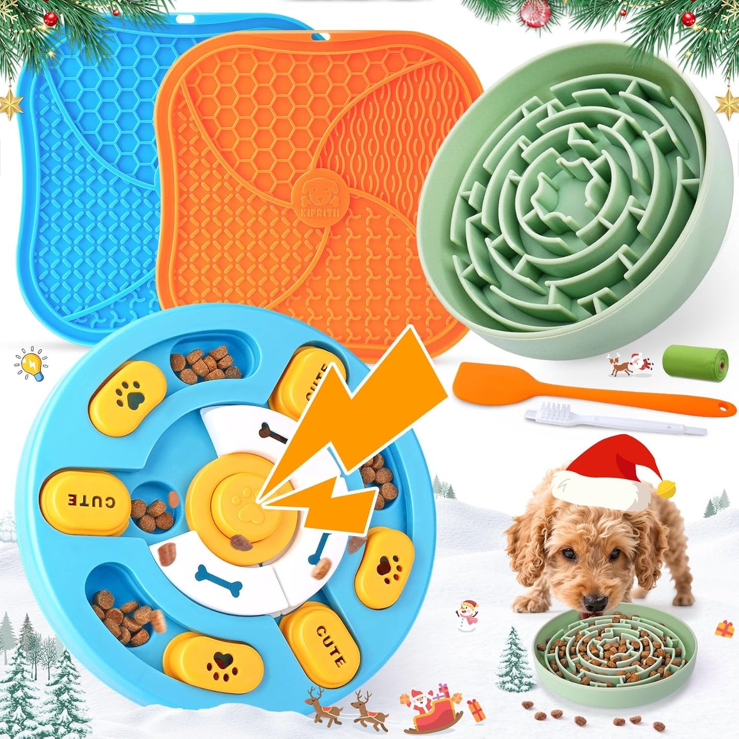KIPRITII Well-Rounded Dog Enrichment Toys Set – Keeps Dogs Busy with Mental Stimulation & Slow Feeding, Includes Dog Lick Mat, Puzzle Toy & Slow Feeder Bowl for Boredom Relief