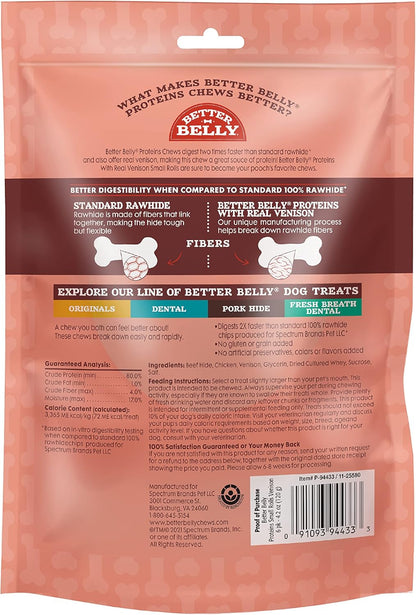 Better Belly Proteins with Real Venison Small Rolls 6 Count, Digestible Rawhide for Dogs, 4.2 OZ