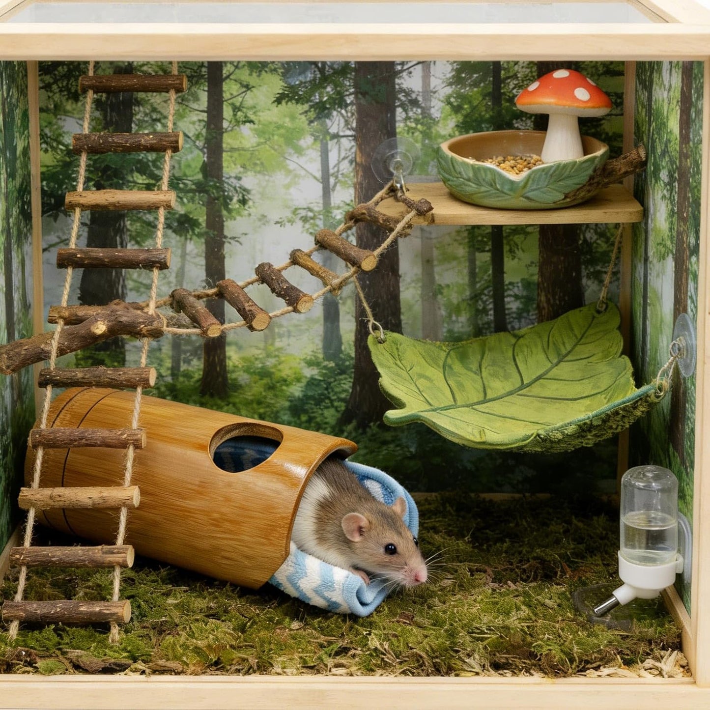 Rat Cage Accessories, Bamboo Tube Hide with Soft Towel Mat, Natural Hideout for Small Animals, Hamster Accessories for Cages, Hide for Hamster, Rat, Gerbil and Other Small Animals