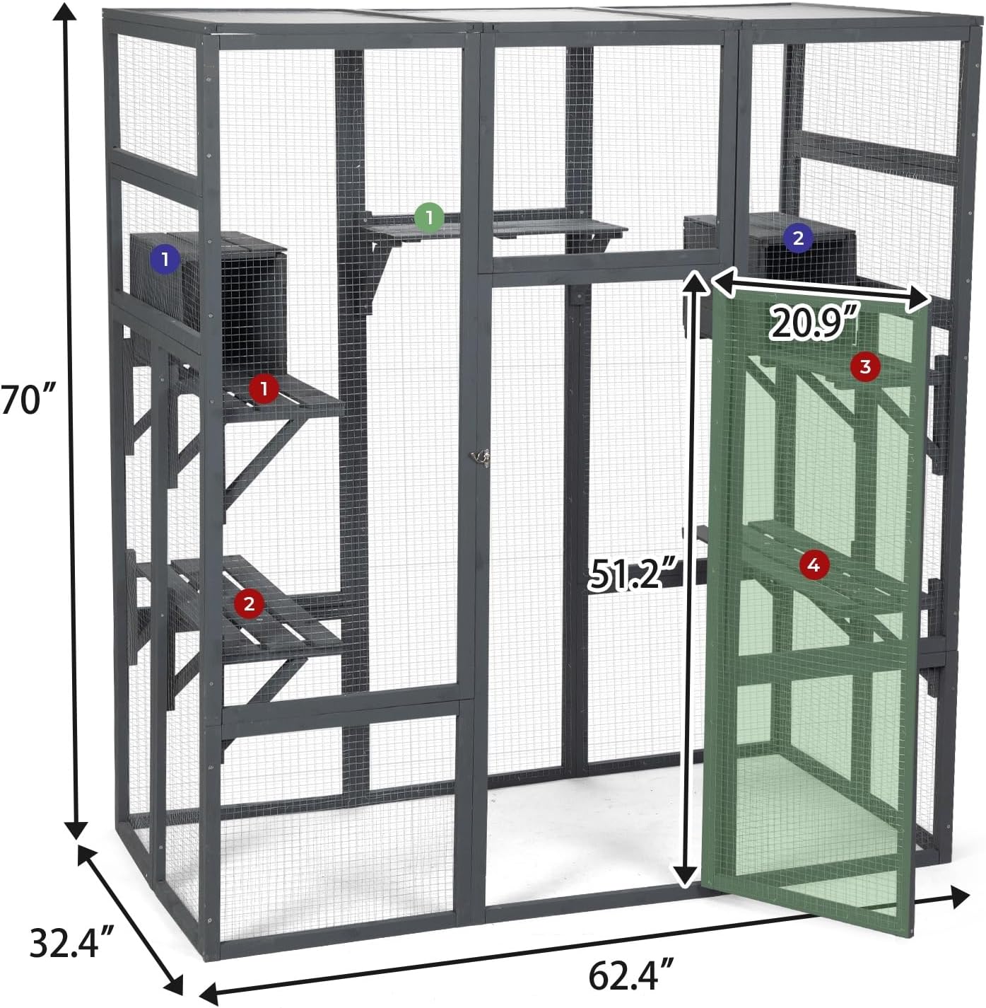 COZIWOW Large 70inches Outdoor Catio, Indoor Cat Cage House with Waterproof Roof, 5 Perches & 2 Condos, Spacious Wooden Cat Enclosure for 2-3 Cats, Stable & Breathable (Grey)