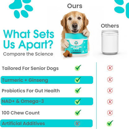 Anti-Aging Dog Supplement – Soft Chews for Senior Dogs with NAD+ Support from Nicotinamide Riboside, Omega-3, Amino Acids, Probiotics – Brain, Joint & Immune Health – Bacon Flavor – 100 Count