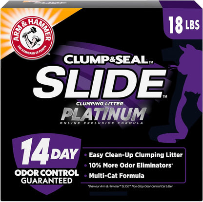 ARM & HAMMER Clump & Seal SLIDE Platinum Multi-Cat Clumping Cat Litter, 14-Day Odor Control, EZ Clean Technology, 18 lbs – No Scrubbing, Powerful Odor Eliminator