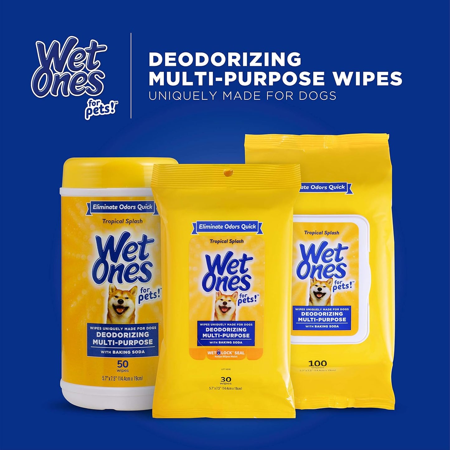 Wet Ones for Pets Deodorizing Multipurpose Dog Wipes with Baking Soda, Tropical Splash Scent - Desmellizing Wipes for Dogs in Canister, 50 Count