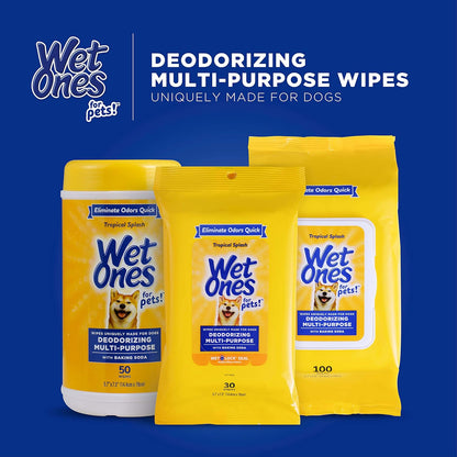 Wet Ones for Pets Deodorizing Multipurpose Dog Wipes with Baking Soda, Tropical Splash Scent - Desmellizing Wipes for Dogs in Canister, 50 Count