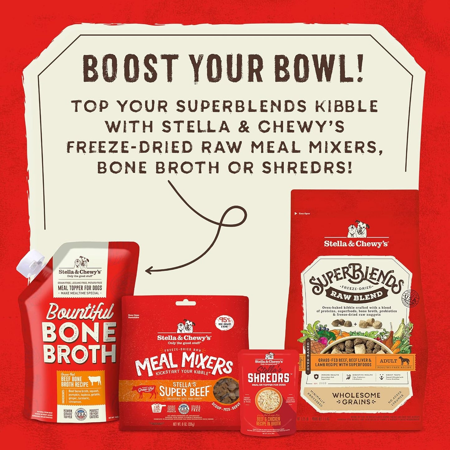 Stella & Chewy's SuperBlends Raw Blend Wholesome Grains Grass-Fed Beef, Beef Liver & Lamb Recipe with Superfoods, 3.25 lb. Bag