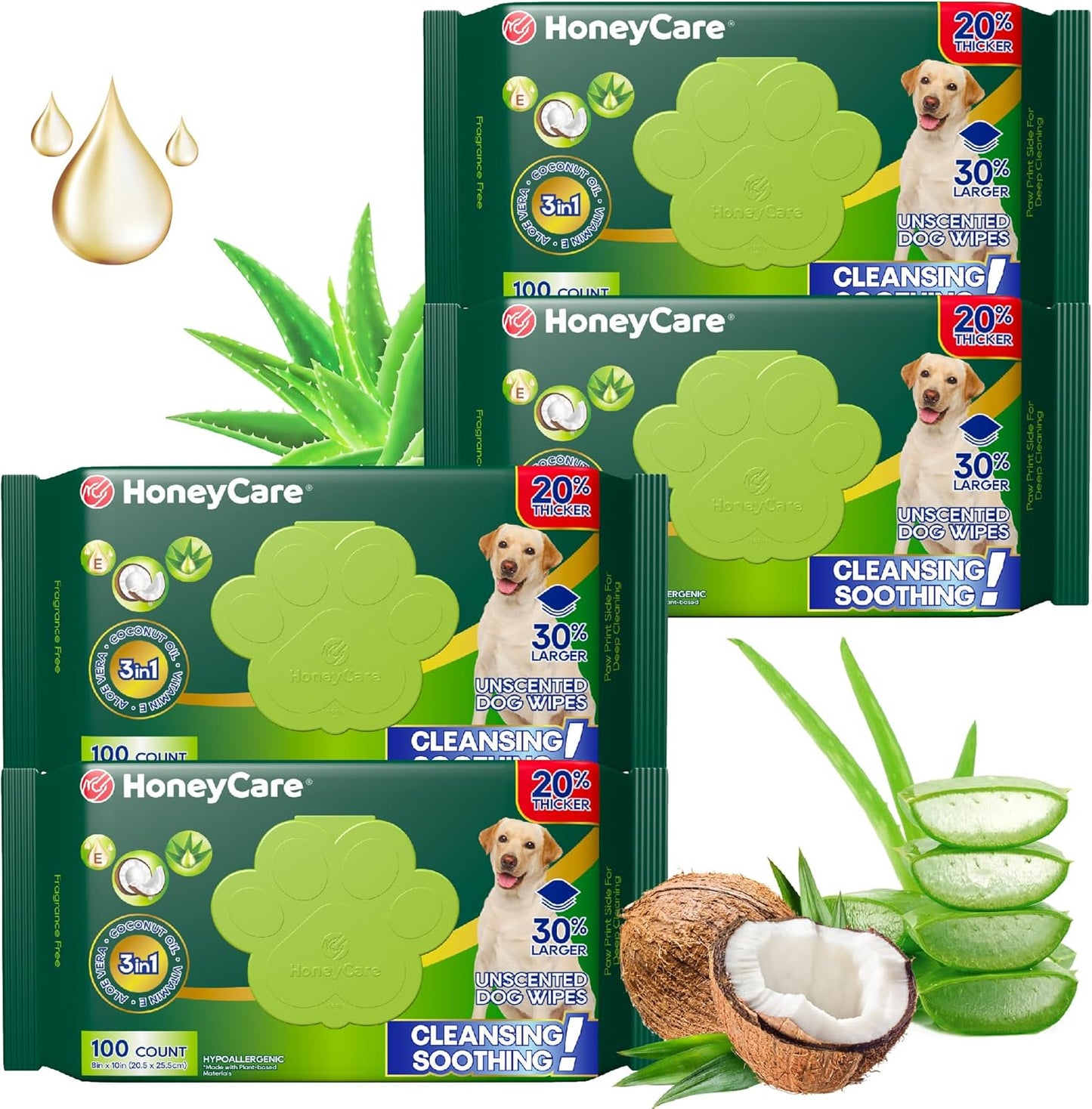 HONEY CARE Disposable Pet Wipes for Dogs & Cats – Cleansing & Soothing, Fragrance-Free, 100 Wipes for Paws, Butt & Body Cleaning(100 Pcs/4Packs