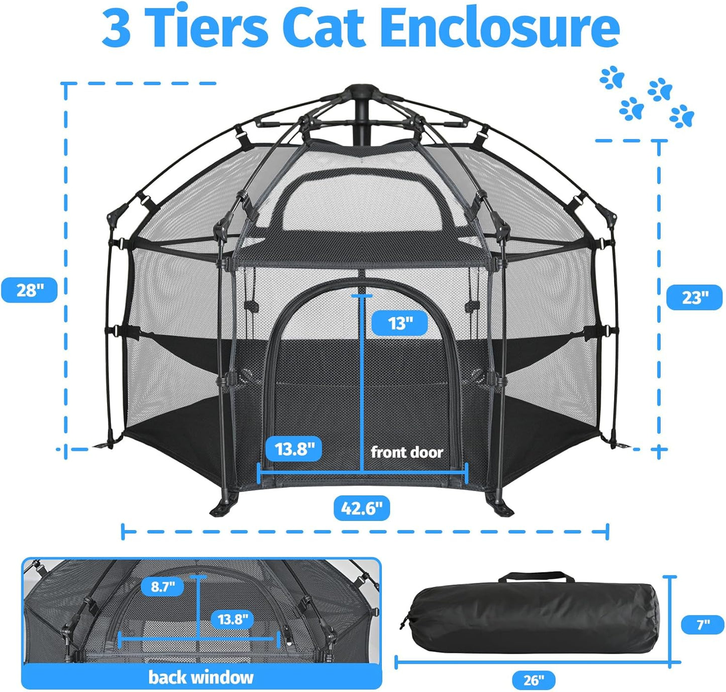 EighteenTek Catio Outdoor Cat Enclosure 3-Tier Pop up Cat Tent Playpen | Portable Kitten Catio Tower | Pet Playpen Indoor/Outdoor Cats Enclosed | Play Tents for Patio Balcony Courtyard Camping
