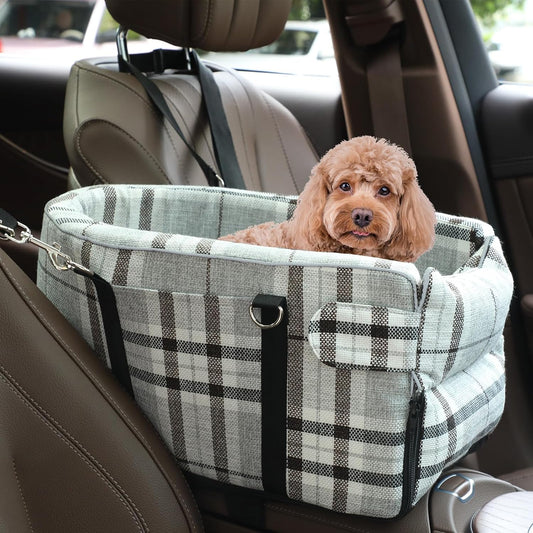 Small Dog Car Seat, Portable Dog Seat with Soft Washable Cushion,Center Console Dog Car Seat for Small Dogs Up to 13lbs(Grid Grey)