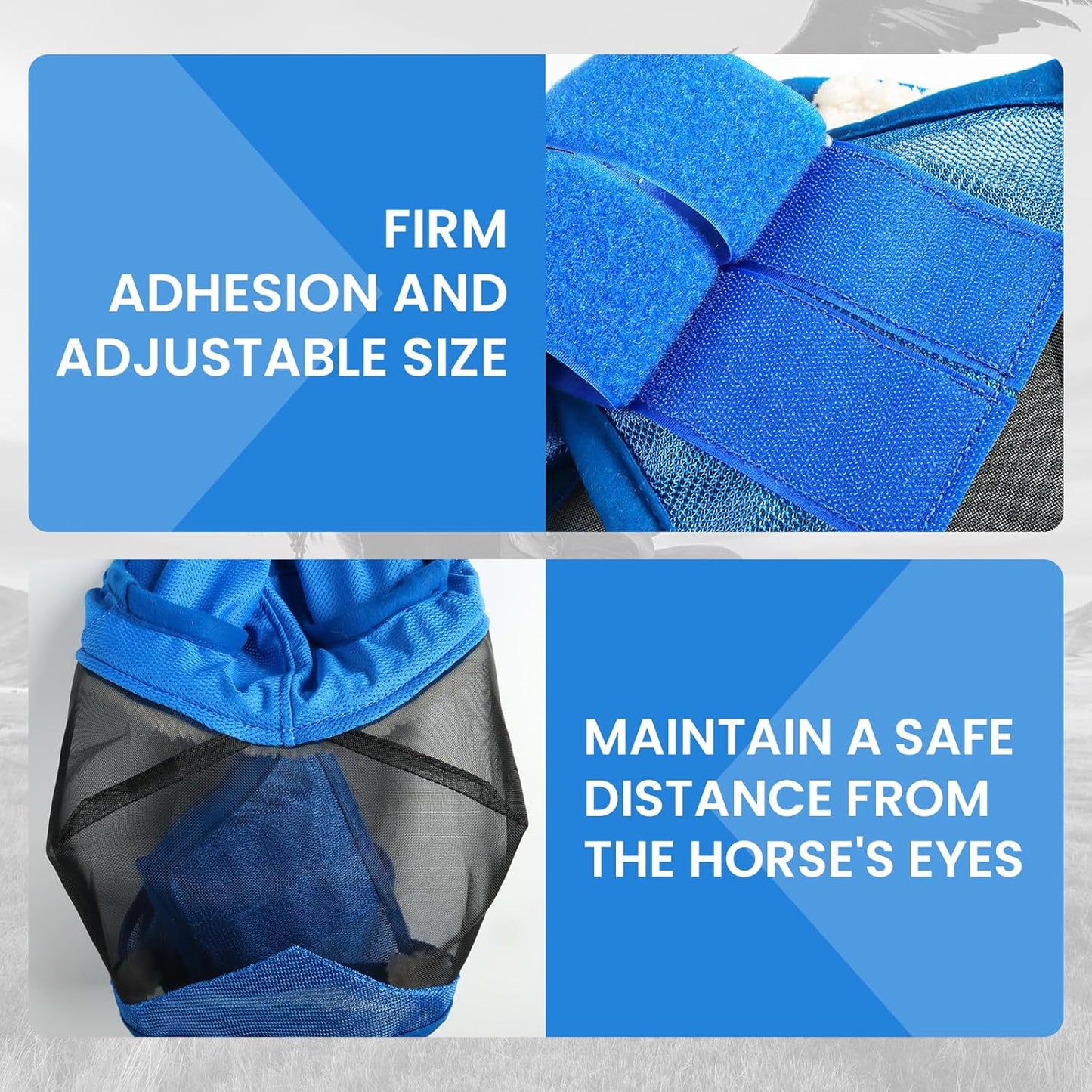 Fly Masks for Horses with Ears and Nose Cover Large Eye Space, Adjustable Horse Fly Mask for Daily UV Protection Breathable Comfort Fit Riding & Competition(Blue, L)