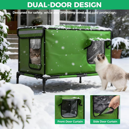 Heated Cat House for Outside Use 900D Oxford Cloth, Outside Cat House Weatherproof with Remote Control Heated Pad, Insulated Cat Houses with Removable Feet to Isolate Moisture, Against Extreme Weather