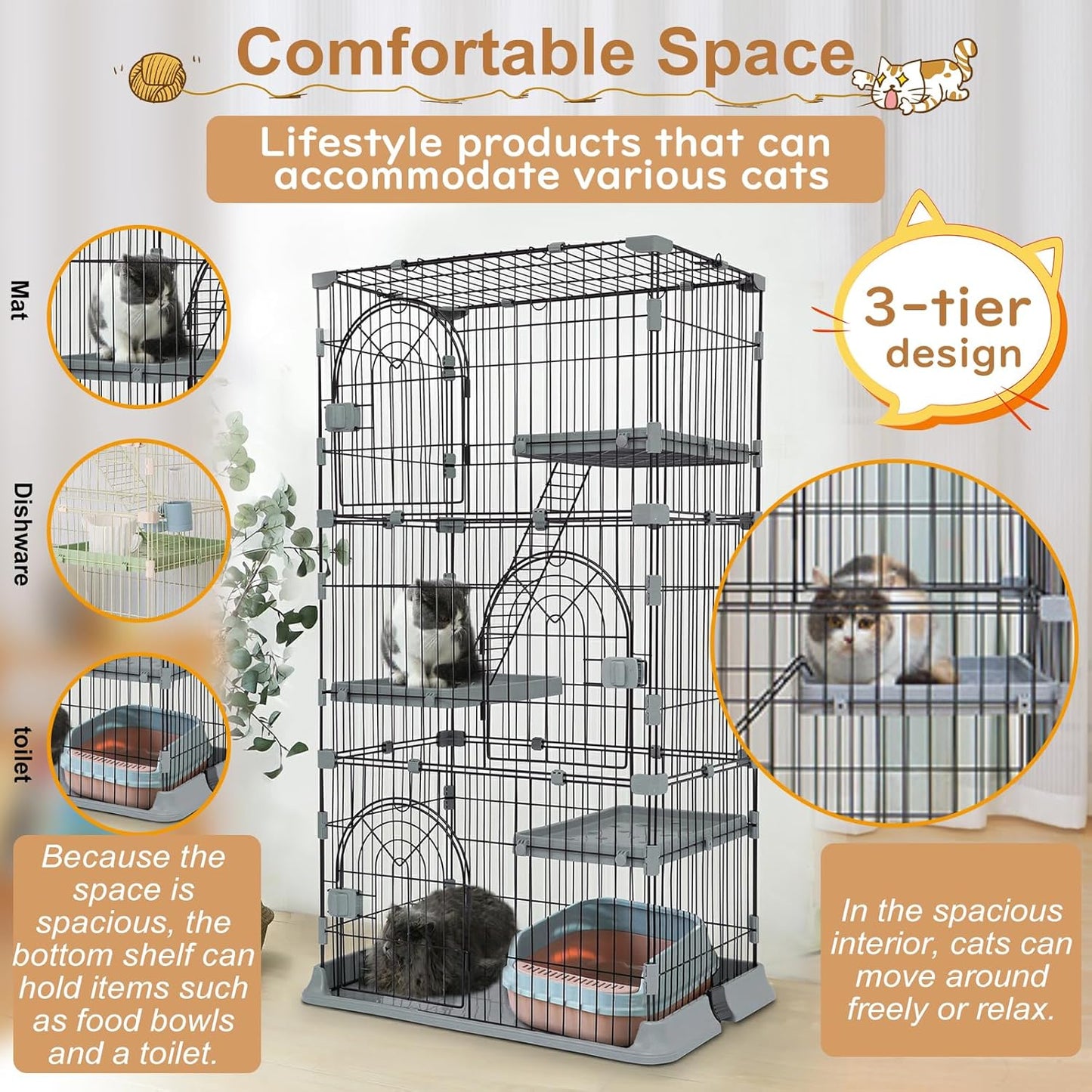 Cat Cage 3-Tier Indoor Cat Enclosure with Widen Bottom Buckle & Reinforced Locking Clamps DlY Cat Playpen for 2-3 Cats & Small Pets,33" Lx 24" W X 64" H (Green, Three-Tier64)